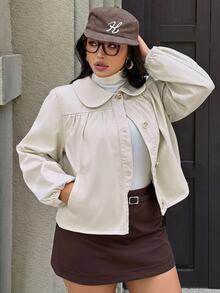 Rivivi Plus Size Women Non-Stretch Denim Top With Peter Pan Collar And Ruched Design, Casual Fashion Cowboy Outfits For Women - Khaki - View 1