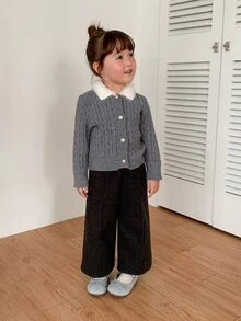 DAZY Baby Girls Contrast Color Lapel Long Sleeve Cardigan - Grey - View 3