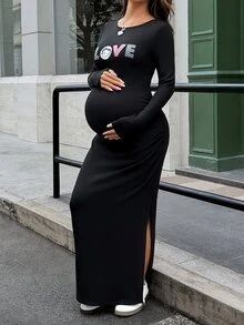 Lyckli Betty Boop x SHEIN Maternity Casual Letter Embossed Side Slit Dress, Autumn - Black - View 6
