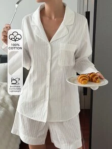 Livesso Women's Textured Button Long Sleeve Top And Shorts Loungewear Set Fall - White - View 5