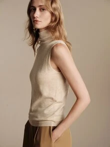 Anewsta Essential Internet Celebrity High-End High Neck Knitted Sleeveless Vest, Solid Color Soft Loose Versatile Outerwear Layering Knit Vest - Khaki - View 3