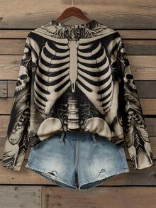 EMERY ROSE Plus Size Women Crew Neck Long Sleeve T-Shirt, Vintage Gothic Skeleton Ribcage & Skull Allover Print Halloween Costume Punk Streetwear Loose Daily Tee - Multicolor - View 2