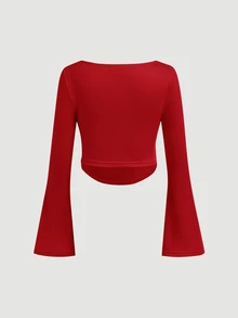 SHEIN Girlism 少女修身休閒圓領套頭上衣 喇叭袖百褶設計長袖T恤 - 紅色 - 查看 2