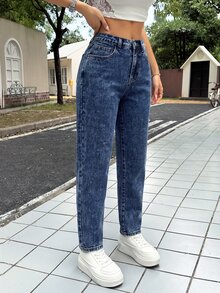 SHEIN PETITE Women's Casual Washed Tapered Jeans Fall - Dark Wash - View 6