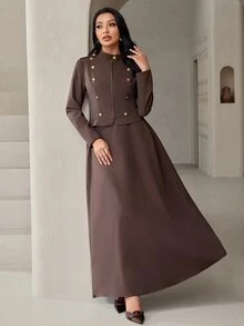 Veilorie 女款純色長袖上衣與裙子休閒日常兩件套 - 咖啡棕 - 查看 2