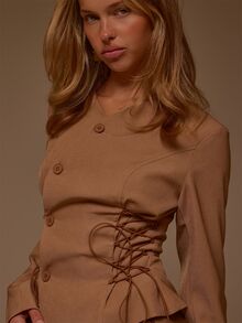 MUSERA V Neck Wrap Over Lace Up Side Detail Fitted Cinched Tailored Coord Blazer  Fall Autumn Winter Cute Office Daily Butter Tailoring - Khaki - View 3