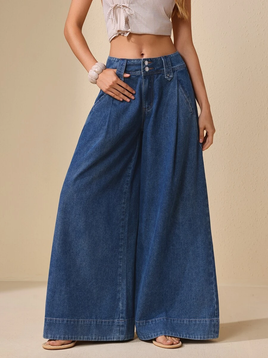 Selenza Women's Loose Wide Waistband 2-Button Straight Leg Wide Leg Vintage Denim Jeans - Dark Wash - View 1
