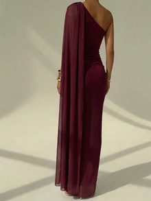Aloruh One Shoulder Ruched Bust And Waist Romantic Elegant Drape Neck Fitted Mermaid Long Dress - Burgundy - View 2