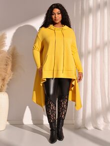 BrightlyHer Plus Size Solid Hooded Long Sleeve Drawstring Asymmetric Hem Sweatshirt With Pockets Autumn 2026 Formal Vacation Soft Yellow Black Casual - Yellow - View 5