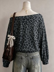 Lalippa New American Casual Leopard Print Off-Shoulder Long Sleeve Asymmetrical Sweatshirt For Women - Multicolor - View 2