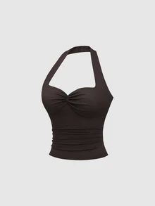 Sweetra New European And American Sexy Style Halter Neck Ruched Cinched Waist Apricot, Coffee Brown And Tops 3-Piece Set - Multicolor - View 7
