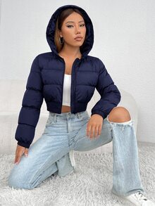 SHEIN PETITE 女款舒適冬季長袖短版連帽外套 - 藏蓝色 - 查看 4