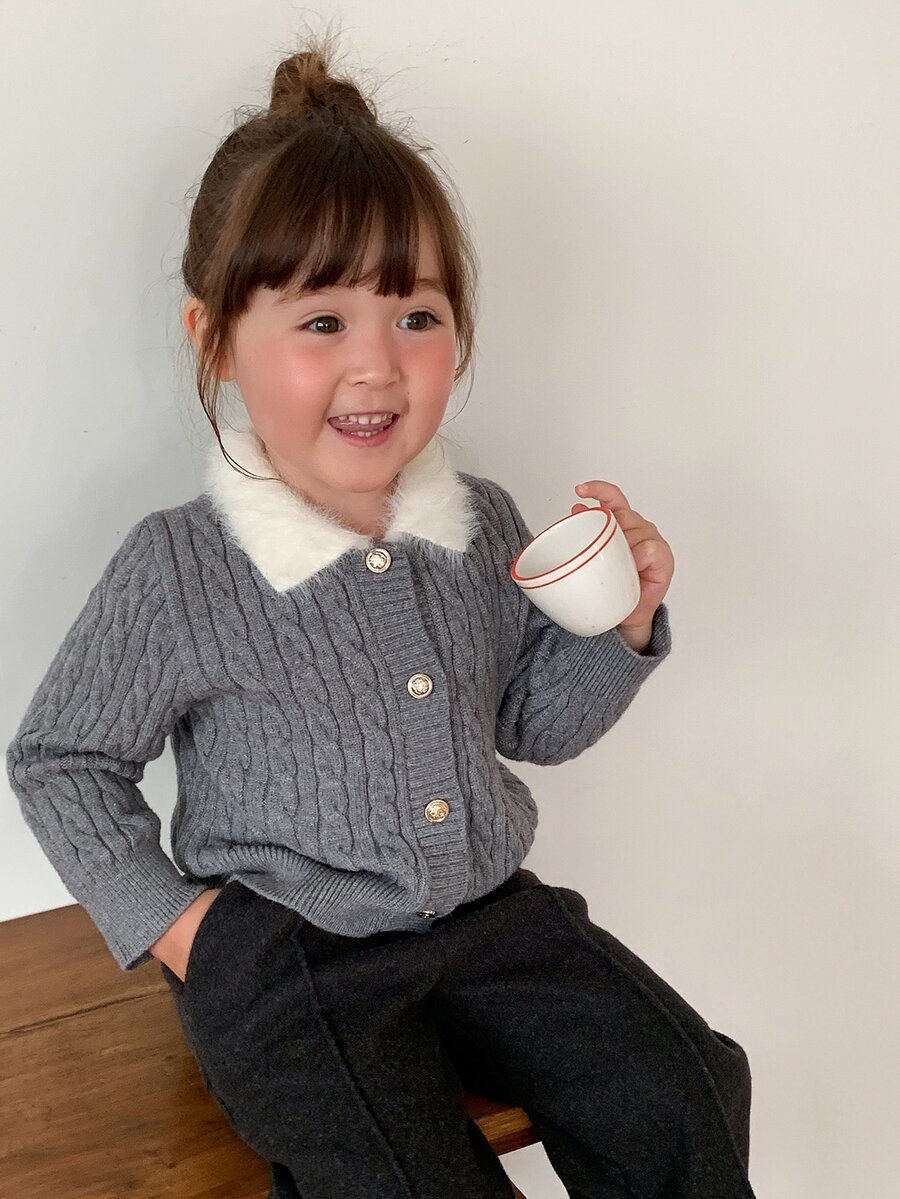 DAZY Baby Girls Contrast Color Lapel Long Sleeve Cardigan Fall - Grey - View 1