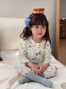 DAZY Baby Girls Round Neck All-Over Print Long Sleeve T-Shirt And Long Pants Loungewear Fall - Beige - View 6