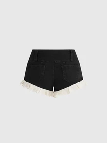 Sweetness Plus Size Women's Y2K Sweet Casual Cotton Ruffle Embroidered Lace Black Denim Shorts - Black - View 2