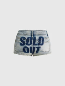 ROMWE Street Life Y2K Sexy Hot Girl Slogan Print Distressed Washed Plus Size Denim Shorts - Black - View 1