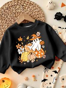 Oo Cute To Spook 嬰兒女童萬聖節套裝，可愛幽靈與南瓜印花衛衣搭配蜘蛛網圖案內搭褲套裝 (2件組)，秋季服飾系列 - 彩色 - 查看 4
