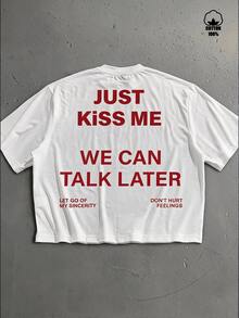 Manfinity ZONE917 Kaos Lengan Pendek Longgar Model Crop dengan Motif Slogan JUST Warna Merah Gaya Kasual Jalanan dan Label Putih - Putih - View 1