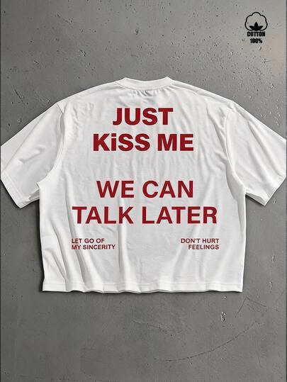 Manfinity ZONE917 Kaos Lengan Pendek Longgar Model Crop dengan Motif Slogan JUST Warna Merah Gaya Kasual Jalanan dan Label Putih