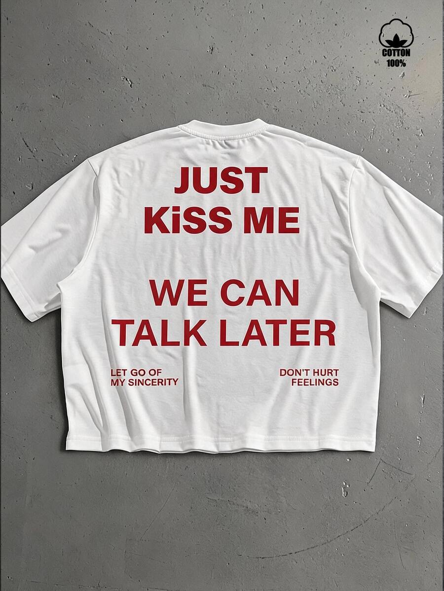 Manfinity ZONE917 Kaos Lengan Pendek Longgar Model Crop dengan Motif Slogan JUST Warna Merah Gaya Kasual Jalanan dan Label Putih - Putih - View 1