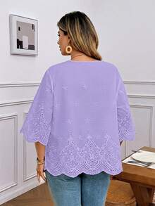 SHEIN LUNE 大尺碼女款燒花刺繡休閒百搭日常旅行襯衫 - 紫色 - 查看 2