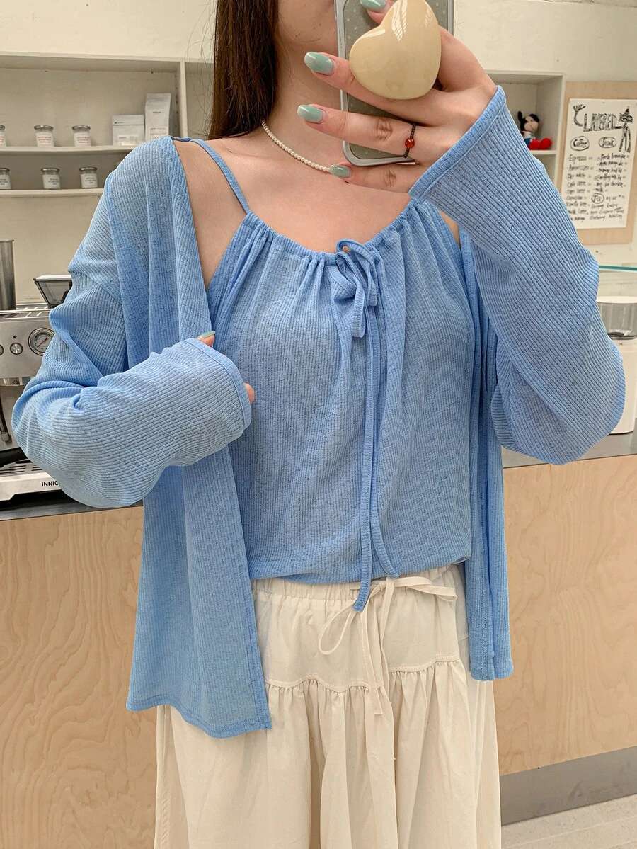 Dazy Plus Korean Style Solid Color Camisole Cardigan Casual Spring/Autumn New Blue 2 Pieces Set - Blue - View 1