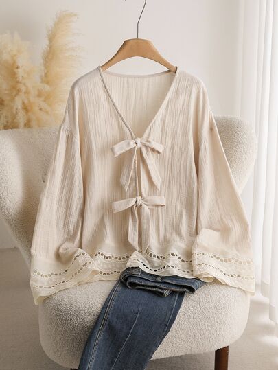CosyJoli Casual Home Holiday Women's Blouse, Autumn/Winter Loose Fit Lace Patchwork Shirt With Front Tie Bow, Textured Fabric V-Neck Long Sleeve Shirt
