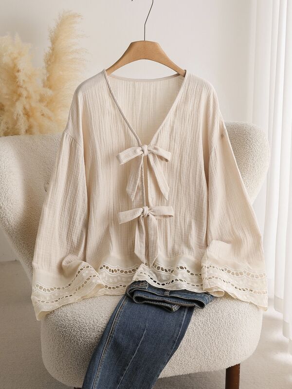 CosyJoli Casual Home Holiday Women's Blouse, Autumn/Winter Loose Fit Lace Patchwork Shirt With Front Tie Bow, Textured Fabric V-Neck Long Sleeve Shirt