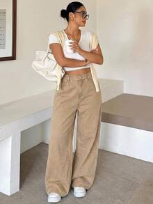 Dazy Plus 女款大尺碼純色休閒工裝牛仔長褲，秋季四季皆宜，卡其色百搭，適合外出與海灘穿著 - 卡其色 - 查看 6