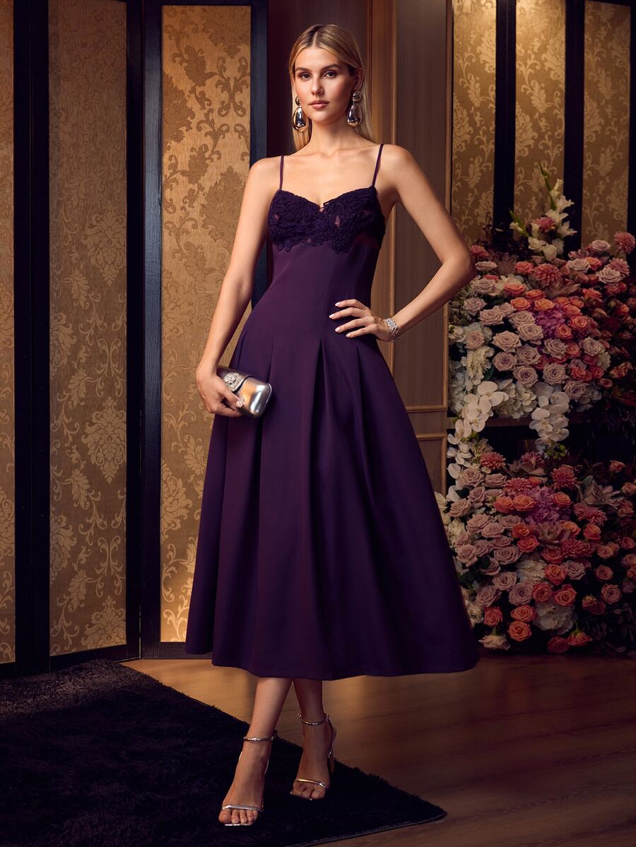 MOTF PREMIUM ELEGANT WOMEN SPAGHETTI STRAP 3D FLORAL APPLIQUE SATIN GOWN FOR FORMAL EVENING PARTY, WEDDING - Purple - View 1
