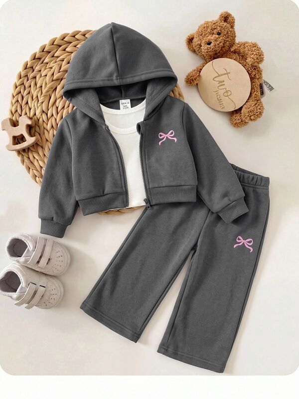 SHEIN Baby Girl Bow Print Zip-Up Hooded Sweatshirt And Sweatpants Casual Set