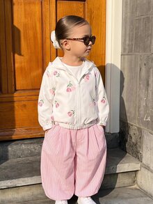 SHEIN Baby Girl Cute Casual Pink Floral Pattern Hooded Autumn Zipper Jacket Spring Versatile Outing Cute Autumn Winter Spring - White - View 4