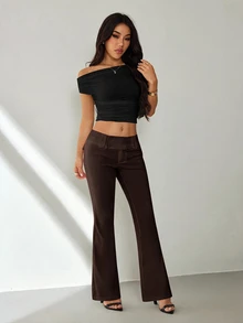 SHEIN PETITE 女款素色休閒百搭日常穿著西裝喇叭褲 - 咖啡棕 - 查看 3