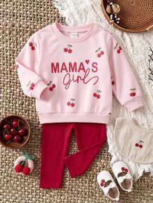 SHEIN 2pcs/Set Cute Cherry Pattern Sweatshirt & Elastic Waist Long Pants Outfit For Baby Girls - Pink - View 5