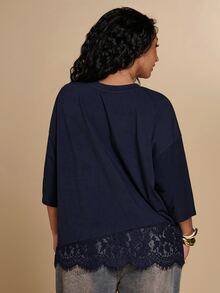 SHEIN BAE CURVE Plus Size Women's Fashion Versatile Lace Patchwork T-Shirt - Navy Blue - View 2