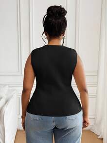 SHEIN PETITE CURVE 大尺碼女款休閒優雅傳統純色前開扣無袖針織上衣，夏季女裝辦公商務正式黑色 - 黑色 - 查看 2