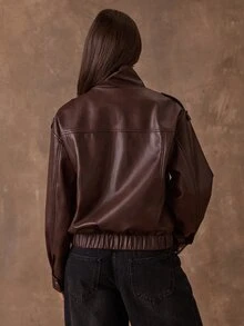 SHEIN BAE Jaket Komuter Wanita Modis Musim Gugur - Coklat - View 2
