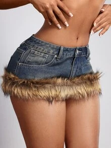 Rivivi Plus Size Women's Fuzzy Patchwork Fashion Versatile Date & Travel Denim Mini Skirt - Blue - View 1
