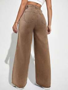 SHEIN PETITE Celana Jeans Denim Kasual Model Washed, Pinggang Tinggi, Potongan Lurus, Musim Gugur, Wanita Bertubuh Mungil, Untuk Sehari-hari - Coklat - View 3