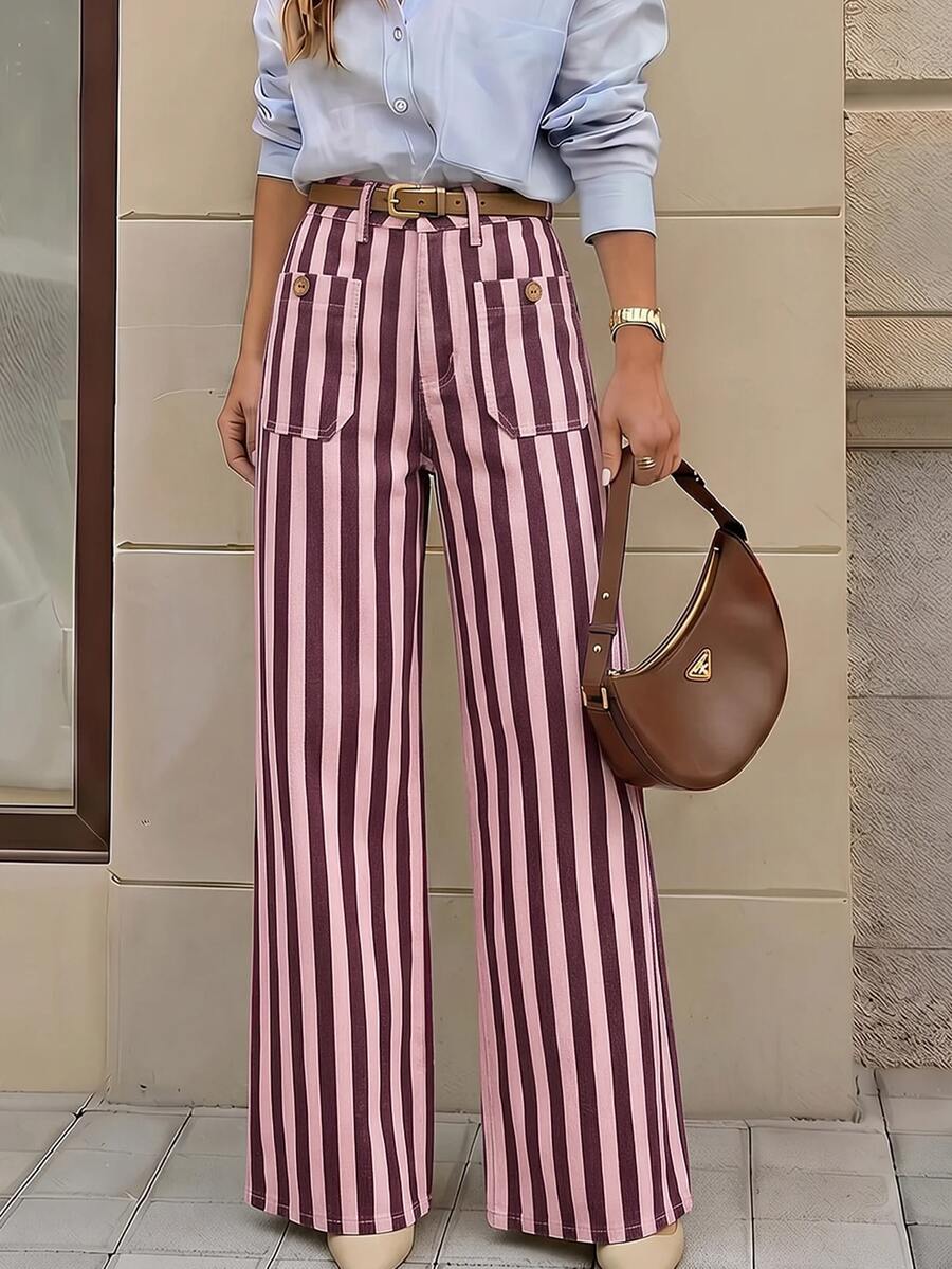 Selenza Women's Pocket Design Striped Straight Leg Loose Casual Denim Jeans - Red Violet - View 1