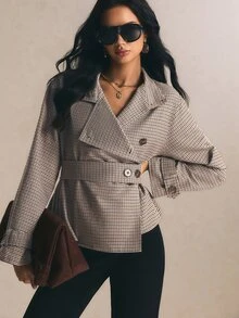 Poéselle 女款秋季休閒格紋風衣外套 - 彩色 - 查看 6