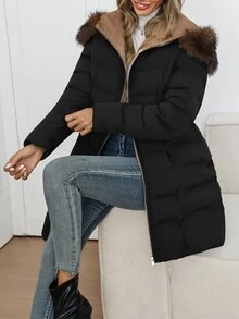 SHEIN Clasi معطف شتوي مبطن للنساء من الفرو الصناعي بتصميم مرقع مع بطانية رأس وجيوب - الأسود - مشاهدة 8