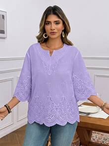 SHEIN LUNE 大尺碼女款燒花刺繡休閒百搭日常旅行襯衫 - 紫色 - 查看 5
