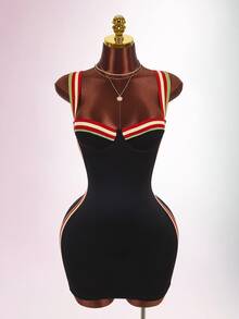 Amplova Women's Mini Bodycon Dress With Bust Detail, Underwire, Contrast Color, Flat Knit, Tight Fit And Bodycon - Black - View 1