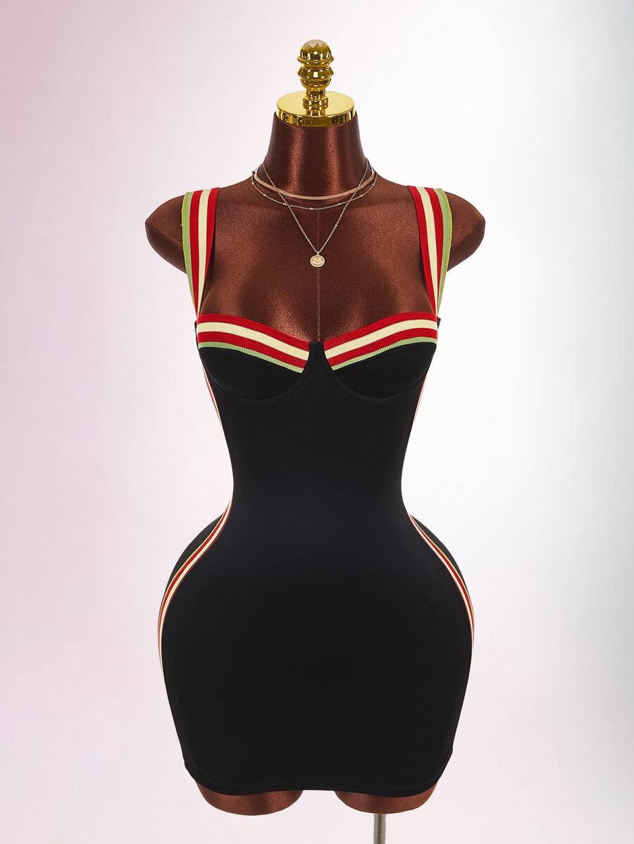 Amplova Women's Mini Bodycon Dress With Bust Detail, Underwire, Contrast Color, Flat Knit, Tight Fit And Bodycon - Black - View 1