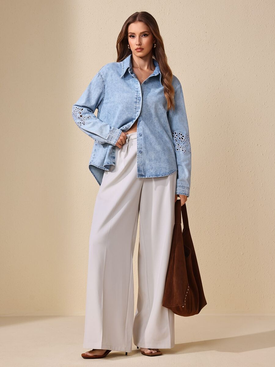 Selenza Women's Casual Elegant Embroidered Light Color Denim Top For Commute And Date - Light Wash - View 1
