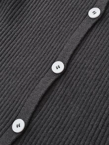 Balvessa Setelan Dua Potong Gaun Rajut Bertekstur Ribbed Abu-abu Gelap Model V-Neck Kancing Mutiara untuk Wanita Musim Semi/Gugur/Dingin, Elegan dan Bergaya Vintage Dewasa - Dark Grey - View 9