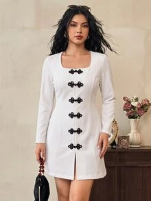 EastFlair Gaun Kancing Katak Warna Kontras Elegan Vintage Ukuran Besar untuk Musim Gugur - Putih - View 2
