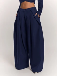 SHEIN BAE Women's Solid Color Casual Daily Wear Suit Pants - Navy Blue - View 5