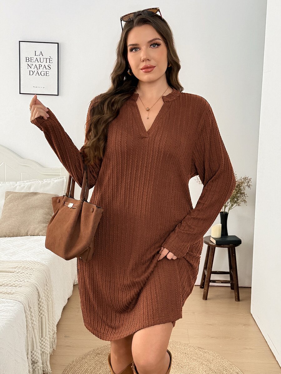 Easowa Curve Plus Size Floral Allover Print Short Crew Neck Long Sleeve Dress Winter Clothes - Multicolor - View 1